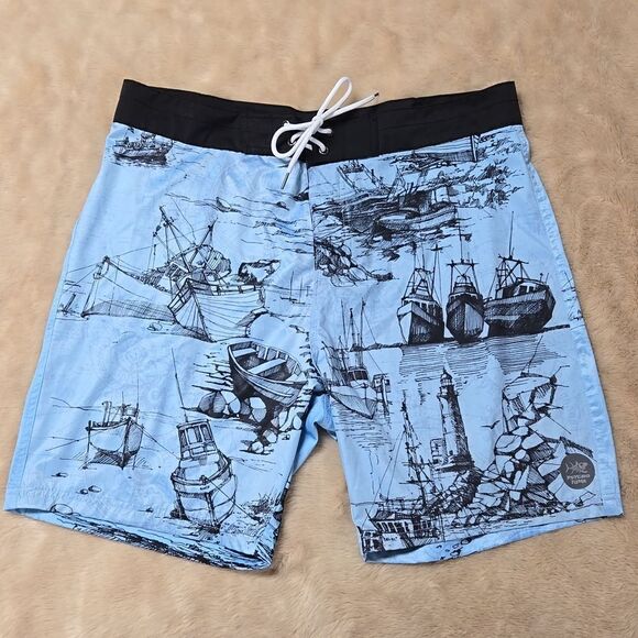 PYSCHO TUNA LIGHT BLUE SKETCHY BOATS OLD SHIPS BOARD SHORTS, SIZE 36